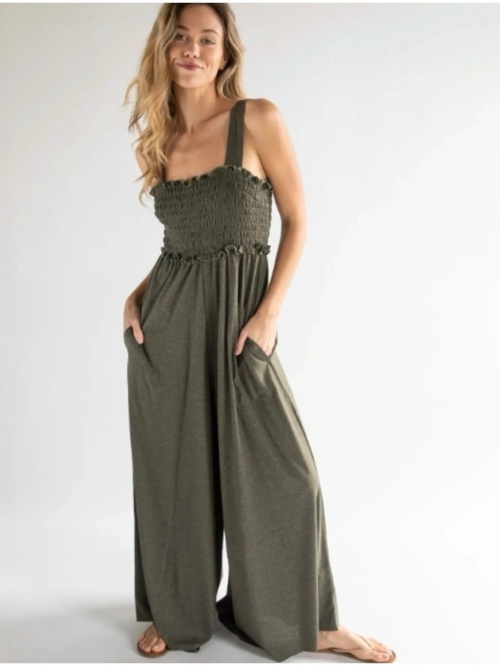 NATURAL LIFE Sage Olive Green Wide Leg Jumpsuit size M